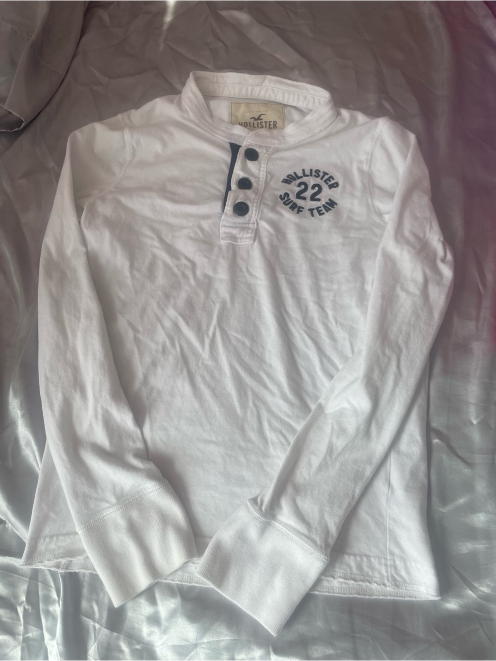 Hollister White Long Sleeve Henley with Navy '22 Surf Team Graphic